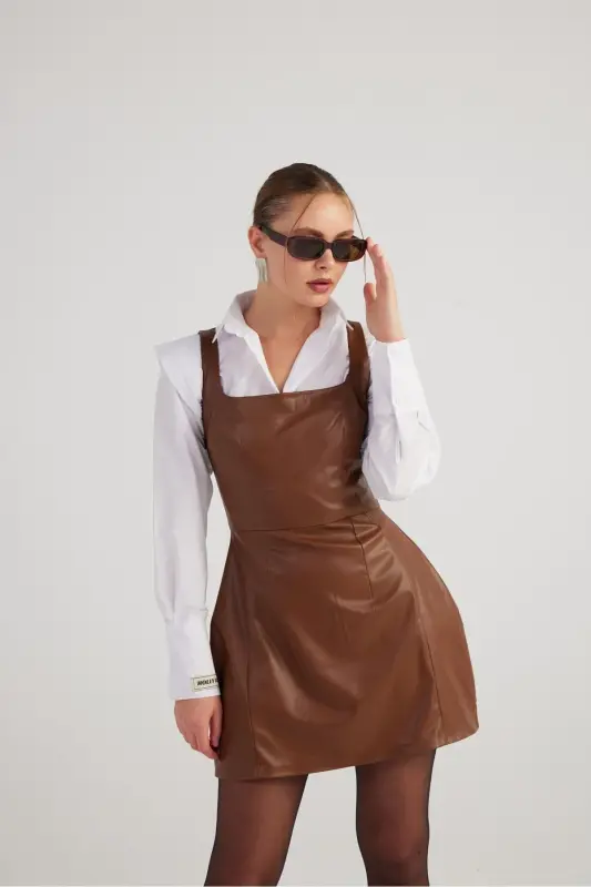 Square Neck Vegan Leather Larissa Dress Coffee-Coffee - 1