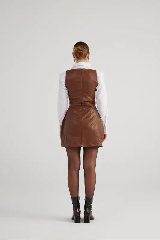 Square Neck Vegan Leather Larissa Dress Coffee-Coffee - 5