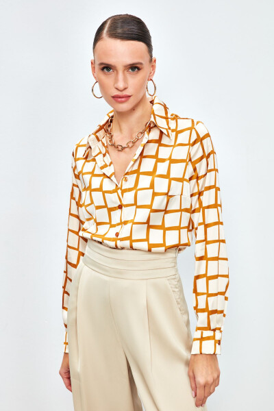 Square Pattern Satin Shirt - CAMEL - 1