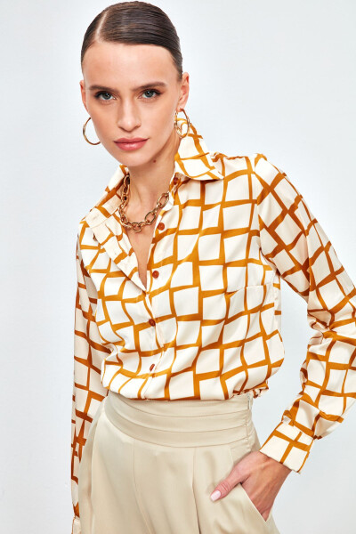 Square Pattern Satin Shirt - CAMEL - 3