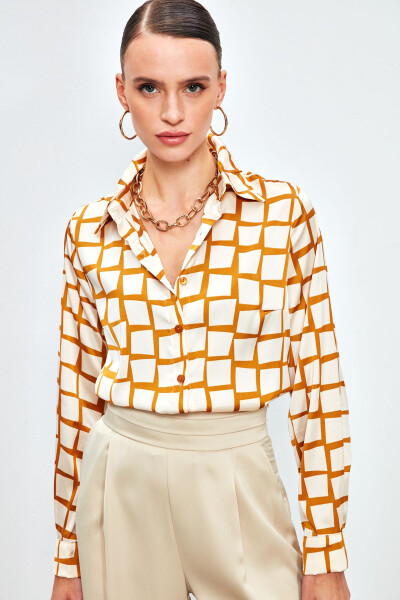 Square Pattern Satin Shirt - CAMEL - 4