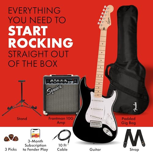 Squier by Fender Electric Guitar Kit, with 2-Year Warranty, Sonic Stratocaster, Maple Fingerboard, Black, Poplar Body, Maple Neck, with Padded Guitar Bag, Frontman 10G Amp, Guitar Strap, and More - 8