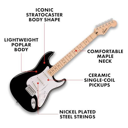 Squier by Fender Electric Guitar Kit, with 2-Year Warranty, Sonic Stratocaster, Maple Fingerboard, Black, Poplar Body, Maple Neck, with Padded Guitar Bag, Frontman 10G Amp, Guitar Strap, and More - 10