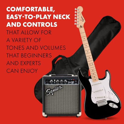 Squier by Fender Electric Guitar Kit, with 2-Year Warranty, Sonic Stratocaster, Maple Fingerboard, Black, Poplar Body, Maple Neck, with Padded Guitar Bag, Frontman 10G Amp, Guitar Strap, and More - 11