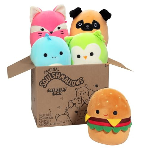 Squishmallows Оригинальная Таинственная Коробка 5-дюймовый плюшевый 5-Pack - Официальный плюшевый Jazwares - Коллекционная мягкая и сжимаемая миниатюрная мягкая игрушка - Добавьте в свою команду - Подарок для детей, девочек и мальчиков - 48