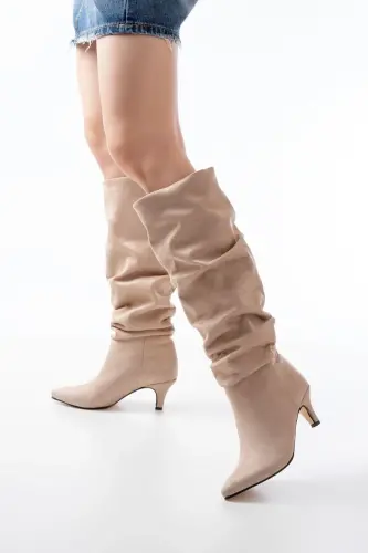 SR-2001 Beige Suede Slim Heel Casual Boot - A Beige Suede - 1