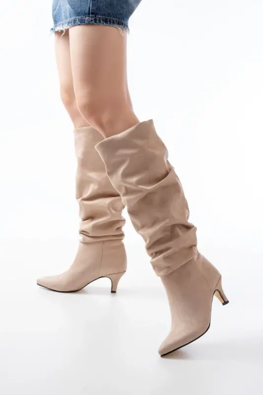 SR-2001 Beige Suede Slim Heel Casual Boot - A Beige Suede - 1
