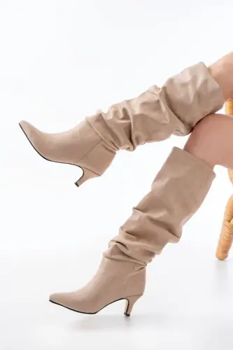 SR-2001 Beige Suede Slim Heel Casual Boot - A Beige Suede - 5