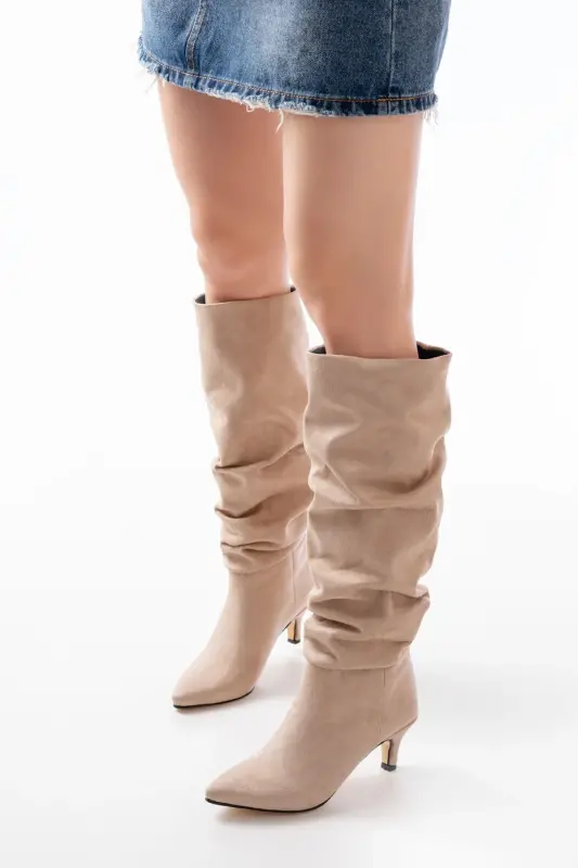 SR-2001 Bej Süet İnce Topuklu Günlük Çizme-A Bej Süet - 2