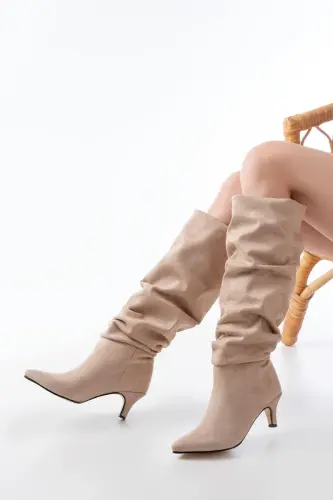 SR-2001 Bej Süet İnce Topuklu Günlük Çizme-A Bej Süet - 3