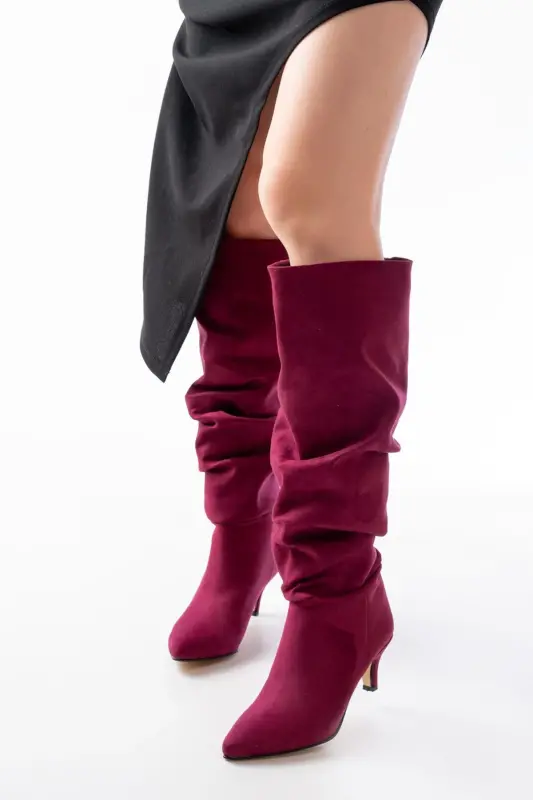 Sr-2001 Burgundy Suede Thin Heeled Daily Boot-Burgundy - 4