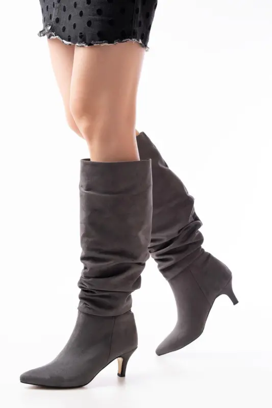 Sr-2001 Gray Suede Thin Heeled Daily Boot-Gray - 3