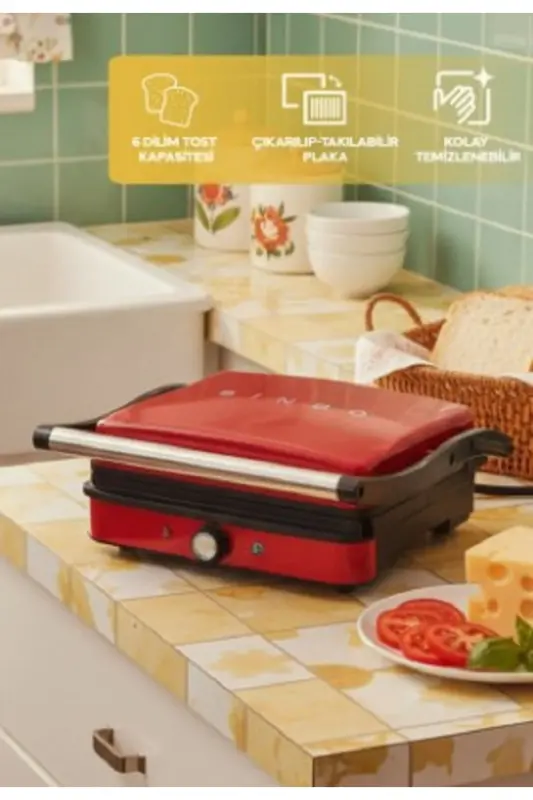 SSM-2571 Tost Makinesi – Çıkarılabilir Plaka & 180 Derece Açılabilir Gövde - Kırmızı - SINBO