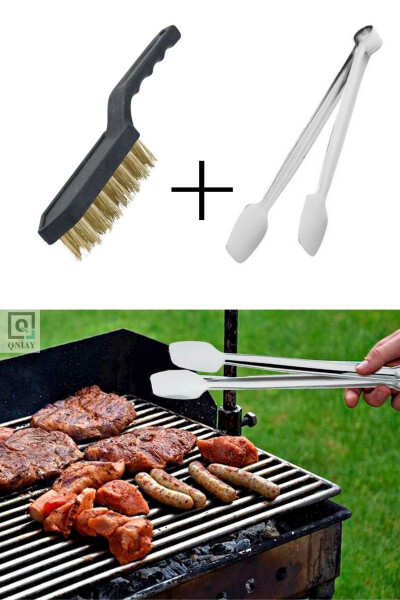 Stainless Steel Grill Tongs BBQ Cleaning Wire Brush (2 Pack Holiday Picnic Camping Party) - 1