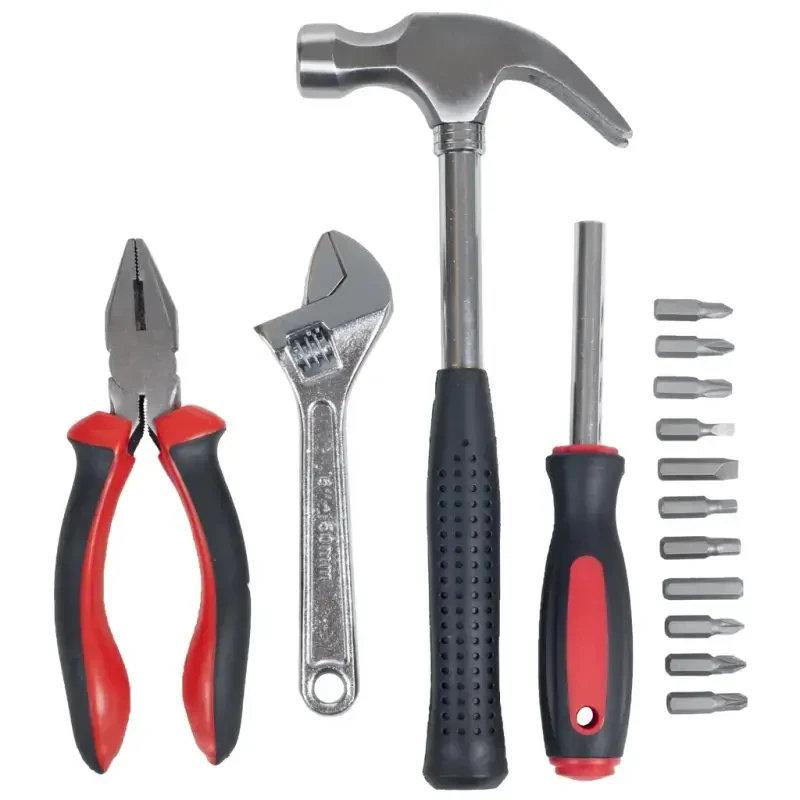 Stalwart 15PC Tool Set with Hammer, Multi-Bit Screwdriver, and More (Red) - 2