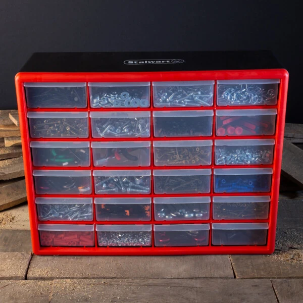 Stalwart 24 Plastic Drawers Organizer - Uskuna, qismlar, hunarmandchilik, boncuklar va asboblar uchun bo'linmali saqlash, ish stoli va devorga o'rnatiladigan idish (qizil) - 3