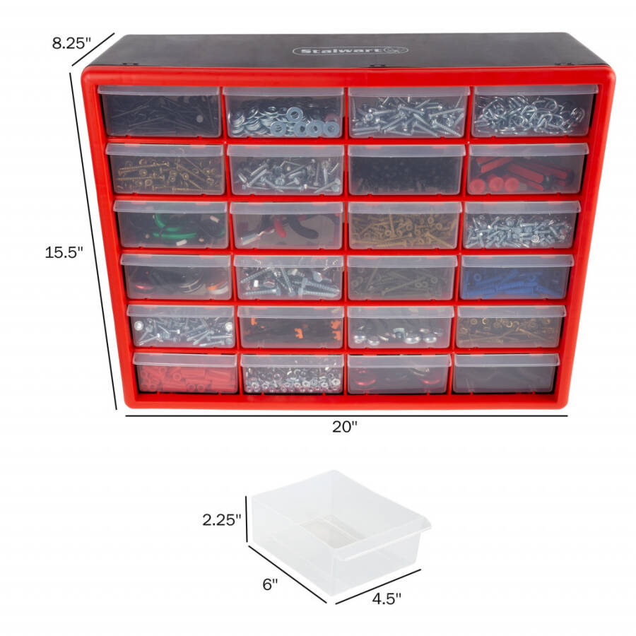 Stalwart 24 Plastic Drawers Organizer - Compartment Storage, Desktop and Wall Mount Container for Hardware, Parts, Crafts, Beads, and Tools (Red) - 1