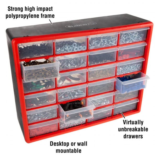 Stalwart 24 Plastic Drawers Organizer - Compartment Storage, Desktop and Wall Mount Container for Hardware, Parts, Crafts, Beads, and Tools (Red) - STALWART (1)