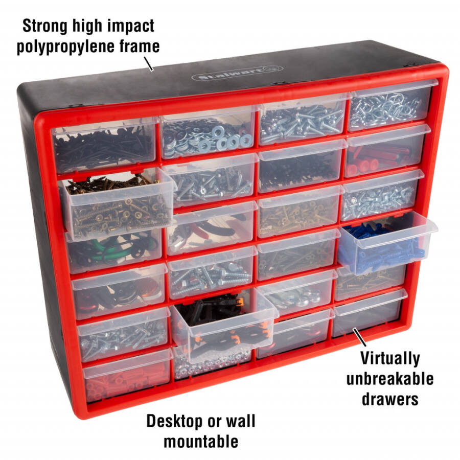 Stalwart 24 Plastic Drawers Organizer - Compartment Storage, Desktop and Wall Mount Container for Hardware, Parts, Crafts, Beads, and Tools (Red) - 2