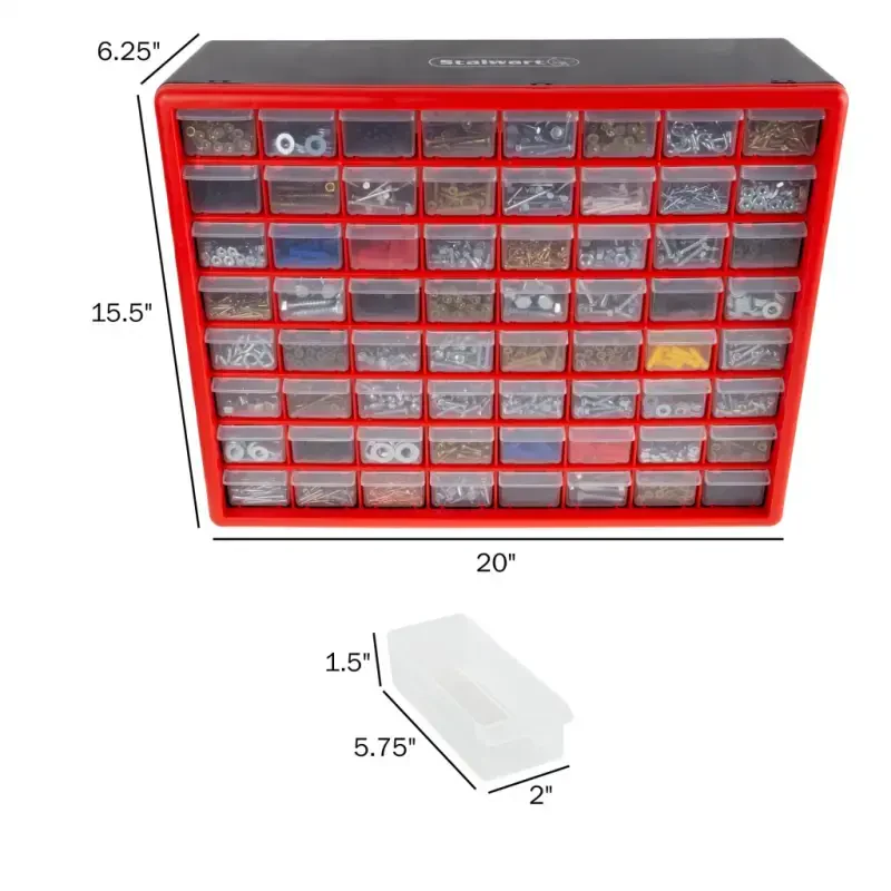 Stalwart 64-Drawer Storage Organizer - Plastic Drawers for Organization, Desktop or Wall-Mounted Container for Hardware, Tools, and Beads (Red) - 2