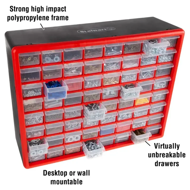 Stalwart 64-Drawer Storage Organizer - Plastic Drawers for Organization, Desktop or Wall-Mounted Container for Hardware, Tools, and Beads (Red) - 3