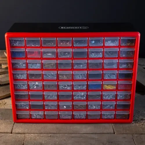 Stalwart 64-Drawer Storage Organizer - Plastic Drawers for Organization, Desktop or Wall-Mounted Container for Hardware, Tools, and Beads (Red) - 4