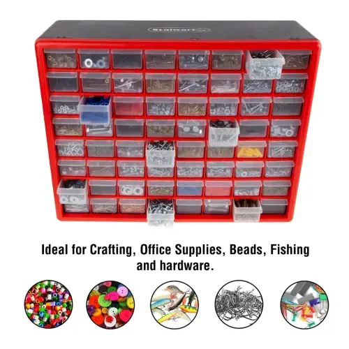Stalwart 64-Drawer Storage Organizer - Plastic Drawers for Organization, Desktop or Wall-Mounted Container for Hardware, Tools, and Beads (Red) - 6