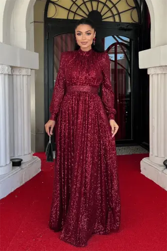 Stamp Tulle Sequin Fabric Gathered Detailed Flared Dress - BURGUNDY - 1