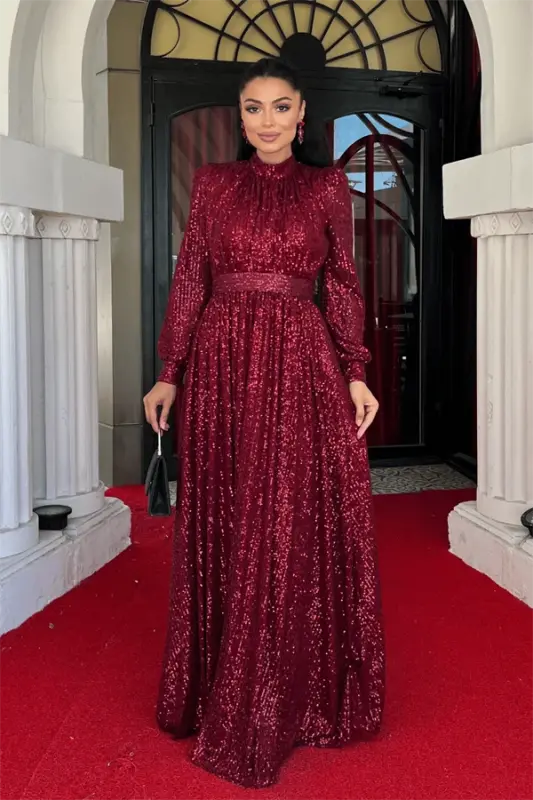 Stamp Tulle Sequin Fabric Gathered Detailed Flared Dress - BURGUNDY - BÜYÜKBEDENIZ