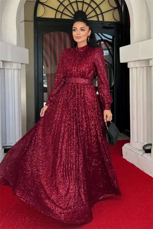 Stamp Tulle Sequin Fabric Gathered Detailed Flared Dress - BURGUNDY - 2