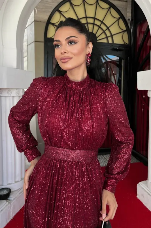 Stamp Tulle Sequin Fabric Gathered Detailed Flared Dress - BURGUNDY - 4