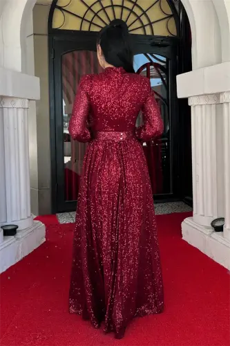 Stamp Tulle Sequin Fabric Gathered Detailed Flared Dress - BURGUNDY - 5