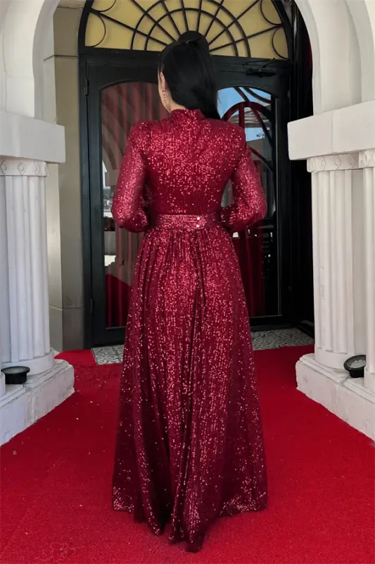 Stamp Tulle Sequin Fabric Gathered Detailed Flared Dress - BURGUNDY - 5