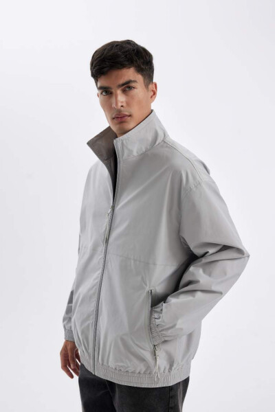 Stand Collar Jacket with Zippered Pockets in Light Gray for All Seasons - 3