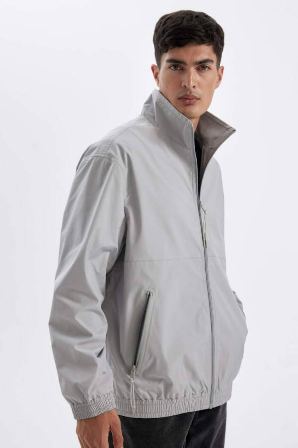 Stand Collar Jacket with Zippered Pockets in Light Gray for All Seasons - 7