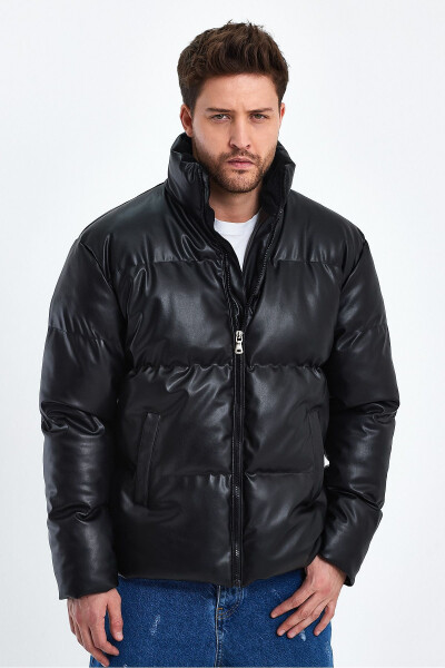 Stand Collar Leather Puffer Jacket AF-K50641PRM - 2