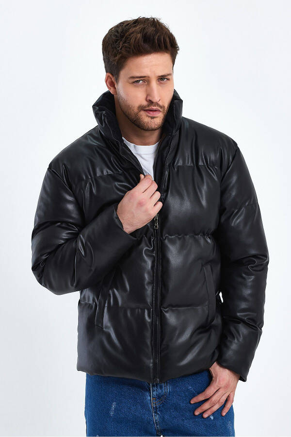 Stand Collar Leather Puffer Jacket AF-K50641PRM - 3