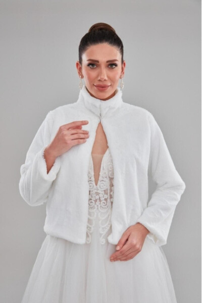 Stand Collar Long Sleeve White Bridal Etole Fur Bolero - 1