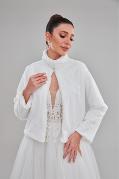 Stand Collar Long Sleeve White Bridal Etole Fur Bolero - 2