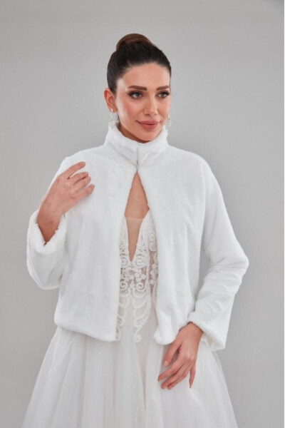 Stand Collar Long Sleeve White Bridal Etole Fur Bolero - 3