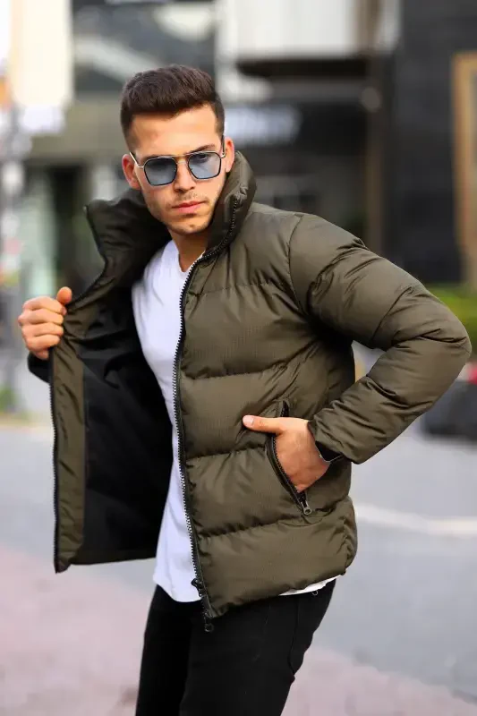 Stand Collar Men's Puffer Jacket Winter Coat Waterproof-khaki - 2