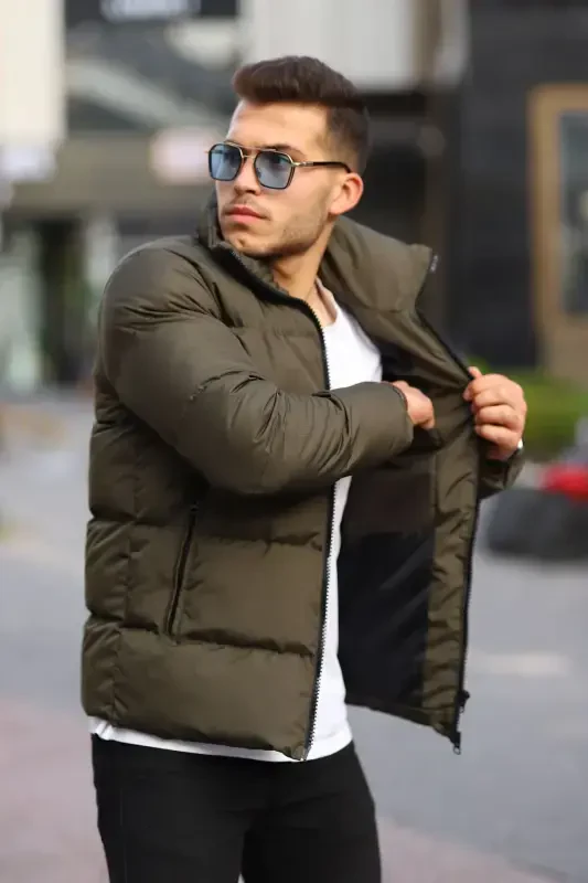 Stand Collar Men's Puffer Jacket Winter Coat Waterproof-khaki - 3