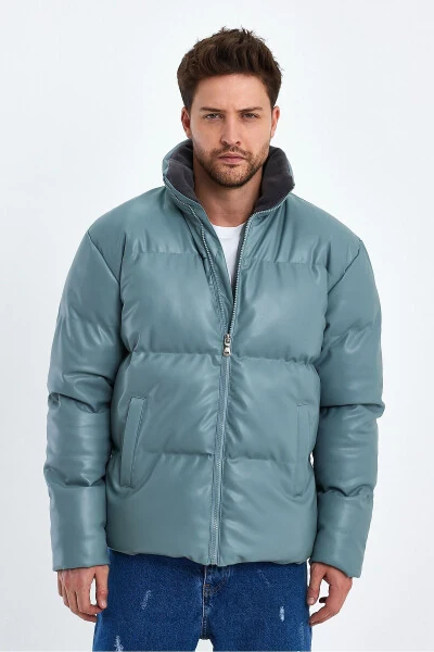 Stand-up Collar Leather Padded Jacket AF-K50641PRM-Green - WEYEZE