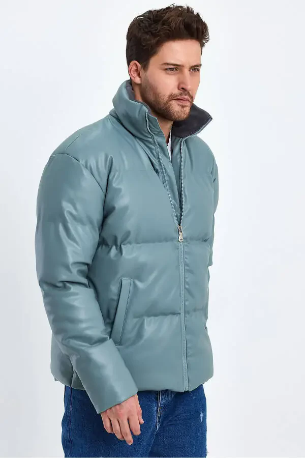 Stand-up Collar Leather Padded Jacket AF-K50641PRM-Green - 2