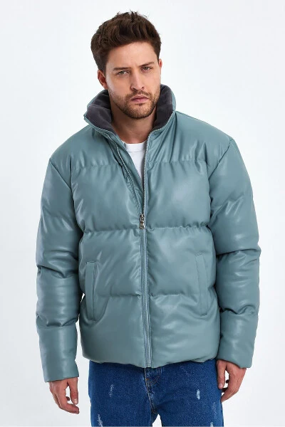 Stand-up Collar Leather Padded Jacket AF-K50641PRM-Green - 3