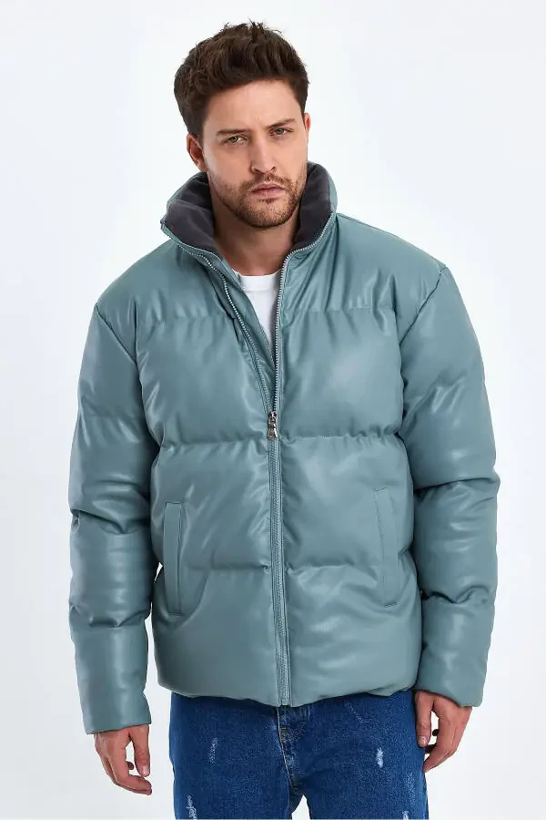 Stand-up Collar Leather Padded Jacket AF-K50641PRM-Green - 3