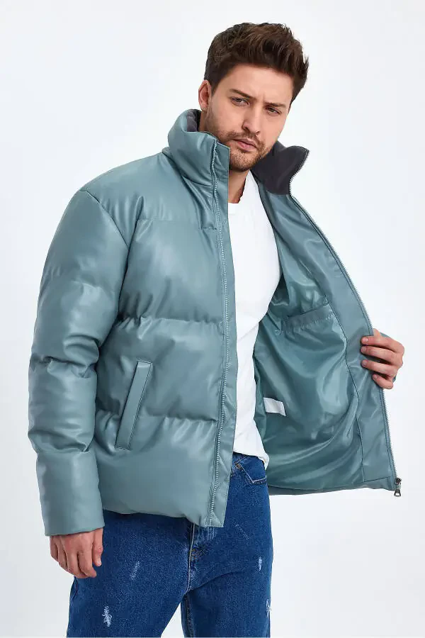 Stand-up Collar Leather Padded Jacket AF-K50641PRM-Green - 5
