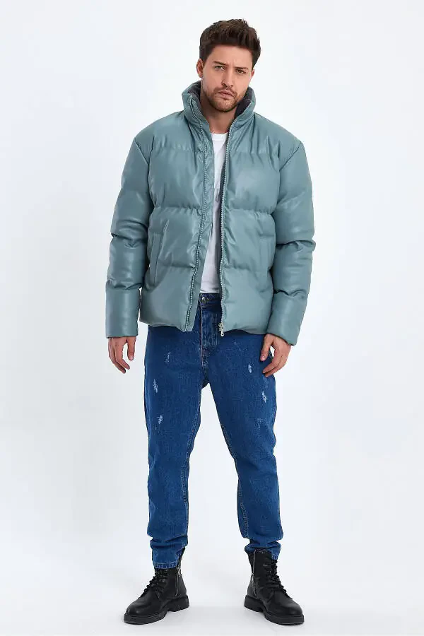 Stand-up Collar Leather Padded Jacket AF-K50641PRM-Green - 6