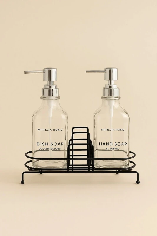 Stand-Up Liquid Soap Dispenser Set - Stand-Up Soap Dish - Metal Stand-Up Soap Dish - Glass - Modazone