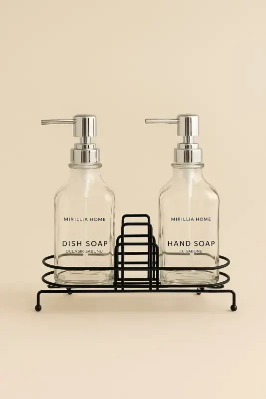 Stand-Up Liquid Soap Dispenser Set - Stand-Up Soap Dish - Metal Stand-Up Soap Dish - Glass - 1